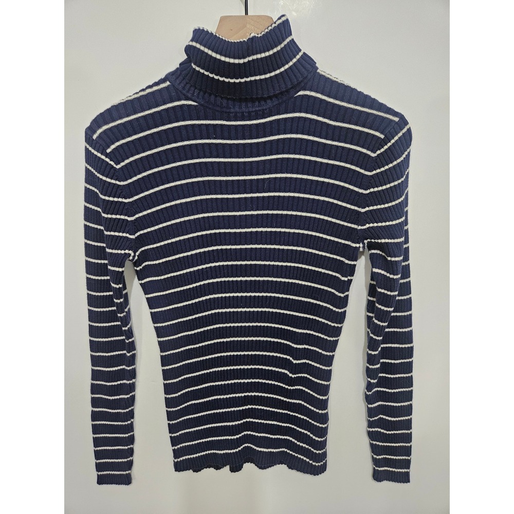 LL Bean Womens Navy Blue White Striped Ribbed Cotton Turtleneck Sweater Large‎